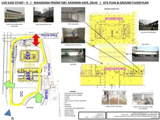 LIVE CASE STUDY – II | MAHARANA PRATAP ISBT, KASHMIRI GATE, DELHI | SITE PLAN & GROUND FLOOR PLAN
N
MRIDUL BHANDARI (B.ARCH | V – YR. / X – SEM.)
THESIS TOPIC : INTER-STATE BUS TERMINUS FOR UDAIPUR CITY
BUDDHA INSTITUTE OF ARCHITECTURE & TOWN PLANNING UDAIPUR (313001),
RAJASTHAN
SHEET NO. 2
CASE STUDY – II
DATE : 27TH FEBRUARY / 2015
LEGENDS
1 - 47 BUS BAYS FOR BOARDING
2 - ENTRANCE TO THE LOUNGE
3 - 2 RAMP
4 - TOILETS
5 - FOOD STALLS & TICKET COUNTERS
6 - LIFT
7 - ESCATOR
8 - STAIRCASE
9 - 15 BUS BAYS FOR DEBOARDING
10 - CLOAK ROOM
11 - PARCEL OFFICE
12 - ARRIVAL PATH
13 - FIRST AID ROOM
1
2 2
2 2
3 3
4
5
4
5
5 5
6
7
8
8
8
9
8 8 4 10 11
12
134
6
66
ARRIVAL PATH 6M WIDE VIEW OF THE BUILDING FROM
THE PARKING
POTABLE WATER FACILITY LINK BLOCK
FIRST AID ROOM
BUS BAYS
FRONT VIEW FROM WEST
SIDE ROAD
VIEW FROM NORTH SIDE
BUS ENTRY CORRIDORE
GROUND FLOOR PLAN
SITE PLAN
 
