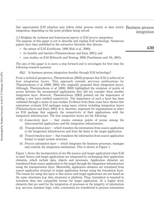that opportunistic EAI adoption may follow either process centric or data centric
integration, depending on the point problem being solved.
3.2 Bridging the technical and behavioural aspects of EAI process integration
The purpose of this paper is not to describe and explain EAI technology. Numerous
papers have been published in the normative literature that discuss:
.
the nature of EAI (Linthicum, 1999; Ruh et al., 2000);
.
its beneﬁts and barriers (Themistocleous and Irani, 2001); and
.
case studies on EAI (Edwards and Newing, 2000; Puschmann and Alt, 2001).
The aim of this paper is to move a step forward and to investigate for ﬁrst time the
following research question:
RQ1. Is business process integration feasible through EAI technology?
From a technical perspective, Themistocleous (2002) proposes that EAI is achieved at
four integration layers. This approach extends previous publications by
Themistocleous et al. (2000, 2002) who originally proposed three integration layers.
Although, Themistocleous et al. (2000, 2002) highlighted the existence of points of
access between the incorporated applications they did not consider these another
integration layer. However, Themistocleous (2002) pointed out the importance of
adding a new layer entitled connectivity. The importance of such a layer has been
validated through a series of case studies. Evidence from these cases have shown that
enterprises evaluate EAI packages using many criteria including integration layers
(Themistocleous and Irani, 2003). It is, therefore, important for organisations to select
an EAI package that supports the connectivity of their applications with the
integration infrastructure. The four integration layers are the following:
(1) Connectivity layer – that creates common points of access among the
interconnected applications and the integration infrastructure.
(2) Transportation layer – which transfers the information from source application
to the integration infrastructure and from the latter to the target application.
(3) Transformation layer – that translates the information from source application
format to target system structure.
(4) Process automation layer – which integrates the business processes, manages
and controls the integration mechanism. This is shown in Figure 1.
Figure 1 shows the incorporation of two ISs (source and target application) when EAI
is used. Source and target applications are integrated by exchanging their application
elements, which include data, objects and processes. Application elements are
transferred from source application to the target through the integration infrastructure
using the transportation layer. Meanwhile, application elements are translated from
source application structure to target application format using the translation layer.
The reason for using this layer is that source and target applications are not based on
the same structures (e.g. data structure) or platform. Thus, translation is required to
transform data into compatible format for target application. At a higher level,
elements that are used for the integration of processes or the integrity of information
(e.g. services, business logic, rules, constrains) are transferred to process automation
Business process
integration
439
DownloadedbyWaldenUniversityAt04:3227February2015(PT)
 