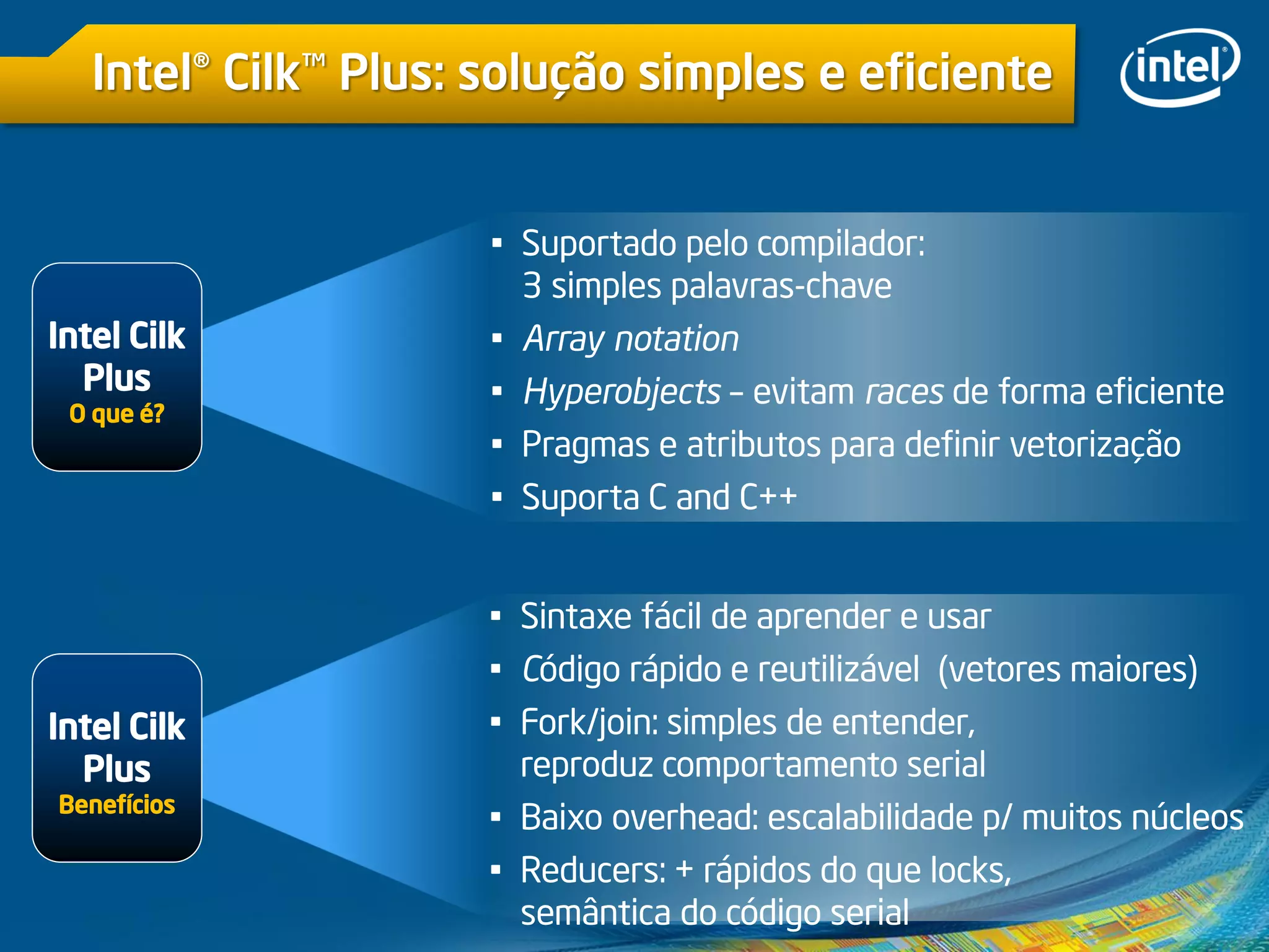 Intel® Cilk™ Plus: solução simples e eficiente
Intel Cilk
Plus
Benefícios
Intel Cilk
Plus
O que é?
• Suportado pelo compilador:
3 simples palavras-chave
• Array notation
• Hyperobjects – evitam races de forma eficiente
• Pragmas e atributos para definir vetorização
• Suporta C and C++
• Sintaxe fácil de aprender e usar
• Código rápido e reutilizável (vetores maiores)
• Fork/join: simples de entender,
reproduz comportamento serial
• Baixo overhead: escalabilidade p/ muitos núcleos
• Reducers: + rápidos do que locks,
semântica do código serial
 