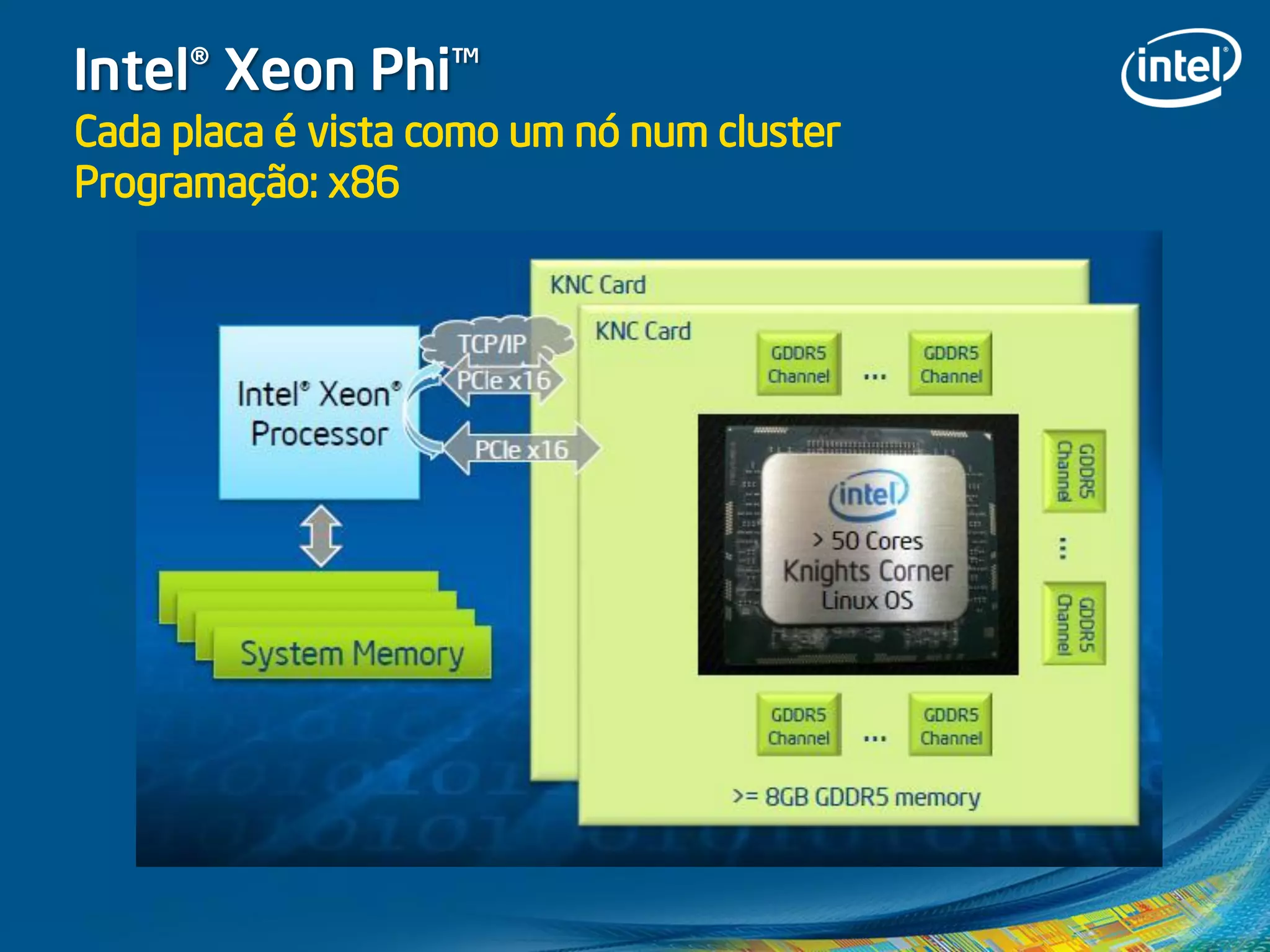 Intel® Xeon Phi™
Cada placa é vista como um nó num cluster
Programação: x86
 