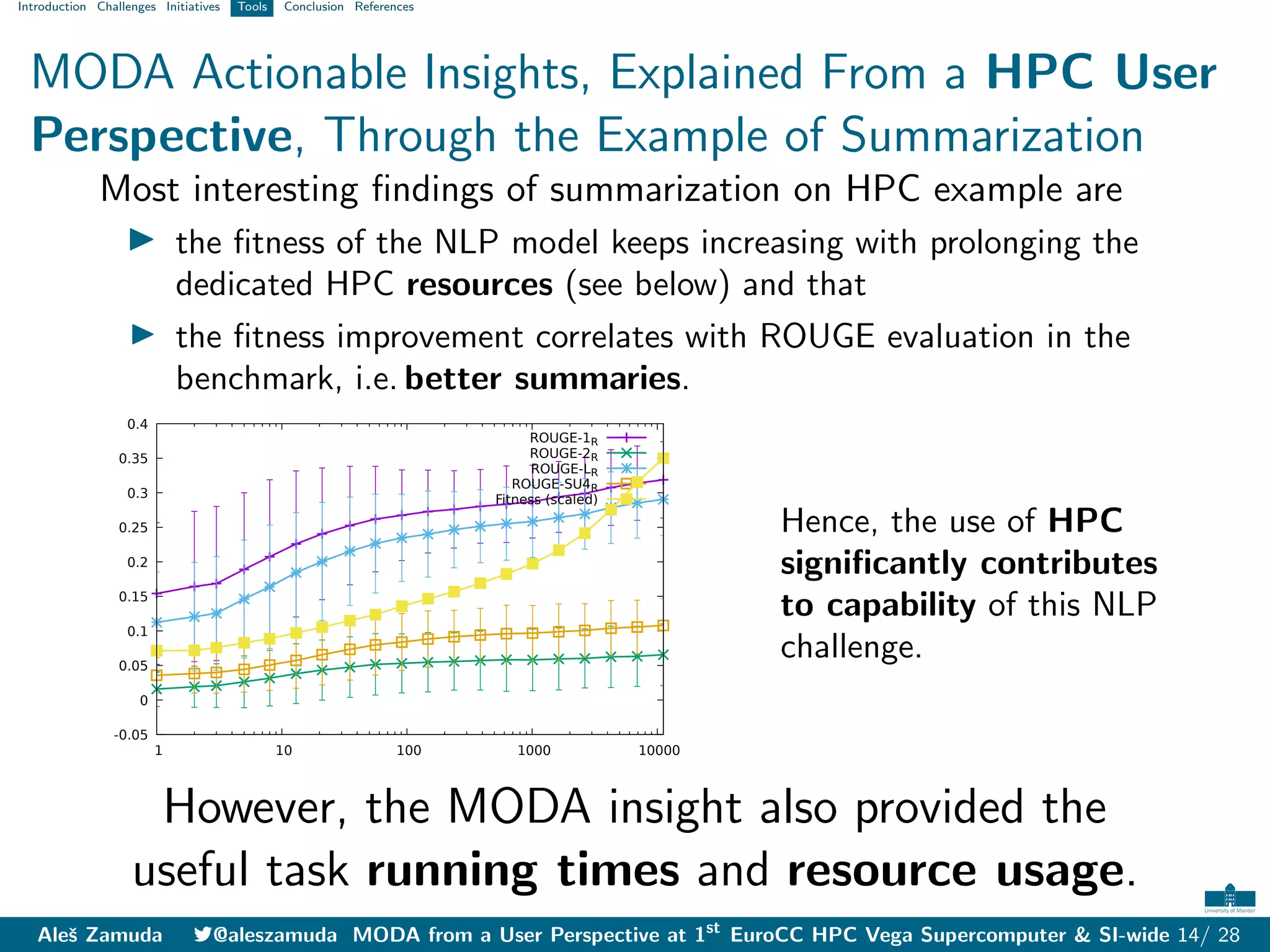 Introduction Challenges Initiatives Tools Conclusion References
MODA Actionable Insights, Explained From a HPC User
Perspective, Through the Example of Summarization
Most interesting findings of summarization on HPC example are
I the fitness of the NLP model keeps increasing with prolonging the
dedicated HPC resources (see below) and that
I the fitness improvement correlates with ROUGE evaluation in the
benchmark, i.e. better summaries.
-0.05
0
0.05
0.1
0.15
0.2
0.25
0.3
0.35
0.4
1 10 100 1000 10000
ROUGE-1R
ROUGE-2R
ROUGE-LR
ROUGE-SU4R
Fitness (scaled)
Hence, the use of HPC
significantly contributes
to capability of this NLP
challenge.
However, the MODA insight also provided the
useful task running times and resource usage.
Aleš Zamuda 7@aleszamuda MODA from a User Perspective at 1st
EuroCC HPC Vega Supercomputer & SI-wide 14/ 28
 