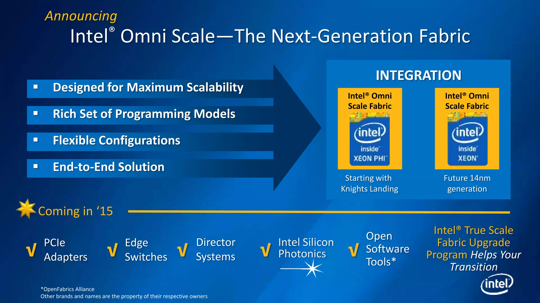 Intel® Omni Scale—The Next-Generation Fabric
*OpenFabrics Alliance
Other brands and names are the property of their respective owners
INTEGRATION
Intel® Omni
Scale Fabric
Intel® Omni
Scale Fabric
Future 14nm
generation
Starting with
Knights Landing
Intel® True Scale
Fabric Upgrade
Program Helps Your
Transition
Coming in ‘15
PCIe
Adapters√ Edge
Switches√
Open
Software
Tools*
√
Director
Systems√
 Designed for Maximum Scalability
 Rich Set of Programming Models
 Flexible Configurations
 End-to-End Solution
Announcing
Intel Silicon
Photonics√
 