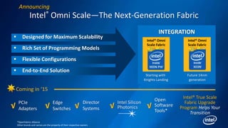 Intel® Omni Scale—The Next-Generation Fabric
*OpenFabrics Alliance
Other brands and names are the property of their respective owners
INTEGRATION
Intel® Omni
Scale Fabric
Intel® Omni
Scale Fabric
Future 14nm
generation
Starting with
Knights Landing
Intel® True Scale
Fabric Upgrade
Program Helps Your
Transition
Coming in ‘15
PCIe
Adapters√ Edge
Switches√
Open
Software
Tools*
√
Director
Systems√
 Designed for Maximum Scalability
 Rich Set of Programming Models
 Flexible Configurations
 End-to-End Solution
Announcing
Intel Silicon
Photonics√
 