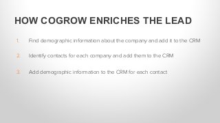 1.  Find demographic information about the company and add it to the CRM
2.  Identify contacts for each company and add th...