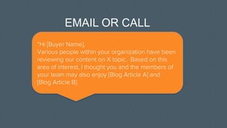 “Hi [Buyer Name],
Various people within your organization have been
reviewing our content on X topic. Based on this
area of interest, I thought you and the members of
your team may also enjoy [Blog Article A] and
[Blog Article B].
EMAIL OR CALL
 