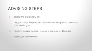 1.  Recap the exploratory call
2.  Suggest ways the prospect can achieve their goals or overcome
their challenges
3.  Conﬁ...
