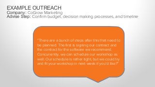 EXAMPLE OUTREACH
Company: CoGrow Marketing
Advise Step: Conﬁrm budget, decision making processes, and timeline
“During our...