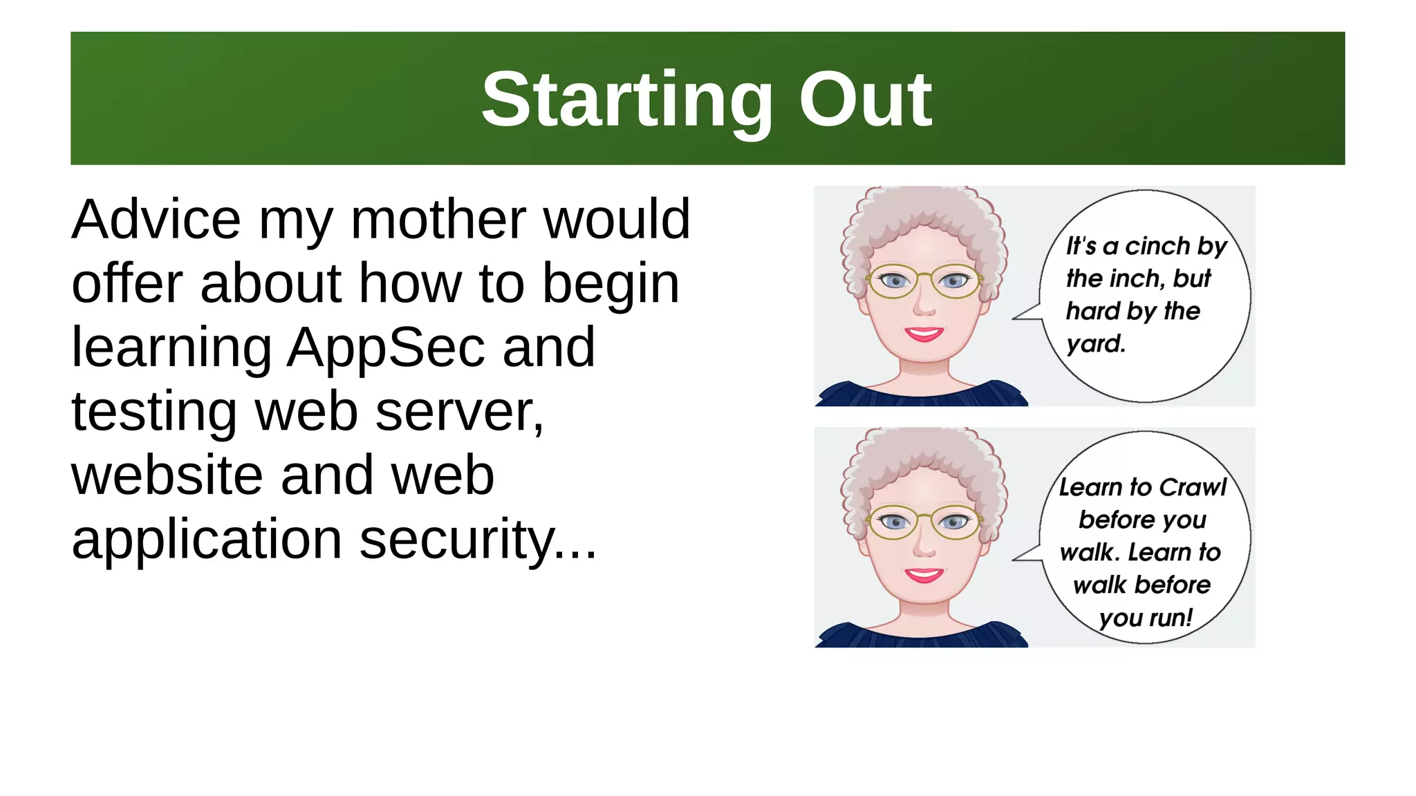 Starting OutStarting Out
I work here:
As a Sr.
Systems Security Engineer
Advice my mother would
offer about how to begin
learning AppSec and
testing web server,
website and web
application security...
 