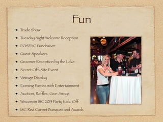 Fun
Trade Show

Tuesday Night Welcome Reception

FOSPAC Fundraiser

Guest Speakers

Groomer Reception by the Lake

Secret ...