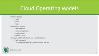 Cloud Operating Models
• Delivery Models
– SaaS
– PaaS
– IaaS
• Deployment Models
– Private cloud
– Community cloud
– Public cloud
– Hybrid cloud
• Management Models (trust and tenancy issues)
– Self-managed
– 3rd party managed (e.g. public clouds and VPC)
21
 