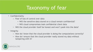 Taxonomy of fear
• Confidentiality
– Fear of loss of control over data
• Will the sensitive data stored on a cloud remain confidential?
• Will cloud compromises leak confidential client data
– Will the cloud provider itself be honest and won’t peek into the data?
• Integrity
– How do I know that the cloud provider is doing the computations correctly?
– How do I ensure that the cloud provider really stored my data without
tampering with it?
35
 