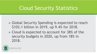 Cloud Security Statistics
» Global Security Spending is expected to reach
$103.1 billion in 2019, up 9.4% for 2018.
» Cloud is expected to account for 38% of the
security budgets in 2020, up from 18% in
2018.
4
 