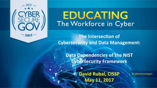 The	Intersec+on	of		
Cybersecurity	and	Data	Management:	
	
Data	Dependencies	of	the	NIST	
Cybersecurity	Framework	
	
David	Rubal,	CISSP	
May	11,	2017	
 