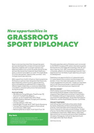 ISCA ANNUAL REPORT 17
GRASSROOTS
SPORT DIPLOMACY
Now is a very exciting time! Over the past two years
we have developed th...