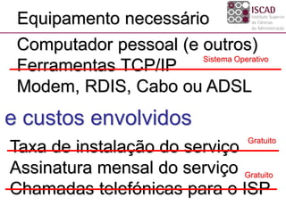 Equipamento necessário
Computador pessoal (e outros)
Ferramentas TCP/IP
Modem, RDIS, Cabo ou ADSL
e custos envolvidos
Taxa de instalação do serviço
Assinatura mensal do serviço
Chamadas telefónicas para o ISP
Sistema Operativo
Gratuito
Gratuito
 