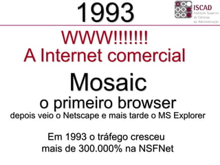 WWW!!!!!!!
A Internet comercial
1993
Em 1993 o tráfego cresceu
mais de 300.000% na NSFNet
Mosaic
o primeiro browser
depois veio o Netscape e mais tarde o MS Explorer
 