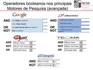 Operadores booleanos nos principais
Motores de Pesquisa (avançada)
AND
OR
NOT
AND
NOT
AND
NOT
OR
AND
OR
NOT
AND
NOT
OR
 