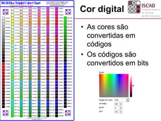 Cor digital
                                                             • As cores são
                                                               convertidas em
                                                               códigos
                                                             • Os códigos são
                                                               convertidos em bits




AGP - Tecnologias da Informação 2010 - 2011 - Luís Vidigal
 