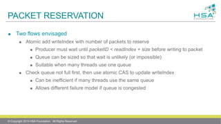 PACKET RESERVATION
 Two flows envisaged
 Atomic add writeIndex with number of packets to reserve
 Producer must wait until packetID < readIndex + size before writing to packet
 Queue can be sized so that wait is unlikely (or impossible)
 Suitable when many threads use one queue
 Check queue not full first, then use atomic CAS to update writeIndex
 Can be inefficient if many threads use the same queue
 Allows different failure model if queue is congested
© Copyright 2014 HSA Foundation. All Rights Reserved
 