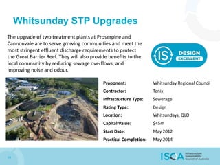 24
Whitsunday STP Upgrades
Proponent: Whitsunday Regional Council
Contractor: Tenix
Infrastructure Type: Sewerage
Rating Type: Design
Location: Whitsundays, QLD
Capital Value: $45m
Start Date: May 2012
Practical Completion: May 2014
The upgrade of two treatment plants at Proserpine and
Cannonvale are to serve growing communities and meet the
most stringent effluent discharge requirements to protect
the Great Barrier Reef. They will also provide benefits to the
local community by reducing sewage overflows, and
improving noise and odour.
 
