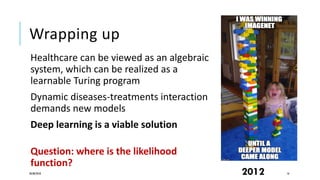 Wrapping up
Healthcare can be viewed as an algebraic
system, which can be realized as a
learnable Turing program
Dynamic diseases-treatments interaction
demands new models
Deep learning is a viable solution
28/08/2018 162012
Question: where is the likelihood
function?
 
