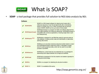 What is SOAP?
•   SOAP - a tool package that provides full solution to NGS data analysis by BGI.




                     ...