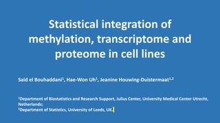Statistical integration of
methylation, transcriptome and
proteome in cell lines
Said el Bouhaddani1, Hae-Won Uh1, Jeanine Houwing-Duistermaat1,2
1Department of Biostatistics and Research Support, Julius Center, University Medical Center Utrecht,
Netherlands;
2Department of Statistics, University of Leeds, UK.
 
