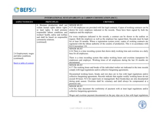 INTERNATIONAL SUSTAINABILITY & CARBON CERTIFICATION (ISCC)
  ASPECTS/ISSUES                     PRINCIPLES                                                          CRITERIA
                           4. Biomass production shall not       MINOR MUST
                           violate human rights labour rights    4.15 All employees are provided with fair legal contracts. Copies of working contracts can be
                           or land rights. It shall promote      shown for every employee indicated in the records. These have been signed by both the
                           responsible labour conditions and     employee and the employer.
                           workers' health, safety and welfare
                           and shall be based on responsible     For every employee indicated in the records, a contract can be shown to the auditor on
                           community relations.                  request. Both the employee as well as the employer has signed them. Records must be kept
                           (continued)                           for at least 24 months. Where a registration system exists, copies of working contracts are
                                                                 registered with the labour authority of the country of production. This is in accordance with
                                                                 ILO Convention 110.
                                                                 MINOR MUST
                                                                 4.16 There is a time recording system that shows daily working time and overtime on a daily
2.4 Employment, wages                                            base for all employees.
and labor conditions
(continued)                                                      There is a time recording system that makes working hours and overtime transparent for
                                                                 employees and employer. Working times of all employees during the last 24 months are
Back to table of content                                         documented.
                                                                 MINOR MUST
                                                                 4.17 The working hours and breaks of the individual worker are indicated in the time records
                                                                 comply with legal regulations and/or collective bargaining agreements.
                                                                 Documented working hours, breaks and rest days are in line with legal regulations and/or
                                                                 collective bargaining agreements. Records indicate that regular weekly working hours do not
                                                                 exceed 48 hours. N/A for supervisors or management. Rest breaks/days are also documented
                                                                 during peak season. Overtime shall be voluntary and shall always be compensated at a
                                                                 premium rate.
                                                                 MINOR MUST
                                                                 4.18 Pay slips document the conformity of payment with at least legal regulations and/or
                                                                 collective bargaining agreements.
                                                                 Wages and overtime payment documented on the pay slips are in line with legal regulations


                                                                            31

                                                                 LAST UPDATE: 01.02.2010
 