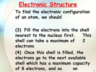 Electronic Structure To find the electronic configuration of an atom, we should Fill the electrons into the shell  nearest to the nucleus first.  This shell can take a maximum of  2 electrons Once this shell is filled, the  electrons go to the next available  shell which has a maximum  capacity of 8 electrons, and so  on 