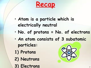 Recap Atom is a particle which is electrically neutral No. of protons = No. of electrons An atom consists of 3 subatomic particles: 1) Protons 2) Neutrons 3) Electrons 