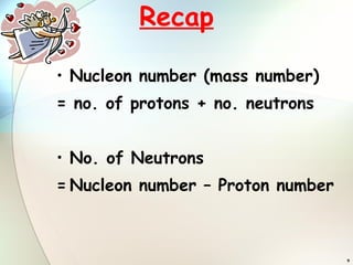 Recap Nucleon number (mass number) = no. of protons + no. neutrons No. of Neutrons = Nucleon number – Proton number 