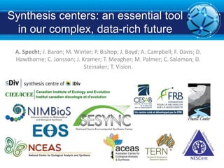 Synthesis centers: an essential tool
in our complex, data-rich future
A. Specht; J. Baron; M. Winter; P. Bishop; J. Boyd; A. Campbell; F. Davis; D.
Hawthorne; C. Jonsson; J. Kramer; T. Meagher; M. Palmer; C. Salomon; D.
Steinaker; T. Vision.
 