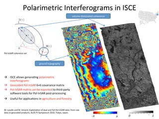Polarimetric Interferograms in ISCE 
                                                                       volume‐dominated coherence 




Pol‐InSAR coherence set 



                                     ground topography 




  ISCE allows genera6ng polarimetric 
   interferograms  
  Geocoded Pol‐InSAR 6×6 covariance matrix 
  Pol‐InSAR matrix can be exported to third‐party 
   soIware tools for Pol‐InSAR post‐processing 
  Useful for applica6ons in agriculture and forestry 


M. Lavalle and M. Simard, Exploita6on of dual and full Pol‐InSAR data: from raw 
data to geocoded products, ALOS PI Symposium 2010, Tokyo, Japan. 
                                                                                                                9 
                                                                                      ‐π             π    0          1  
 