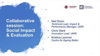 Collaborative
session:
Social Impact
& Evaluation
• Neil Dixon
Technical Lead, Impact &
Performance Manager, UKRI
• Chris Ward
Innovation Lead, UKRI
• Kristina Leonnet
Centre for Ageing Better
1
 