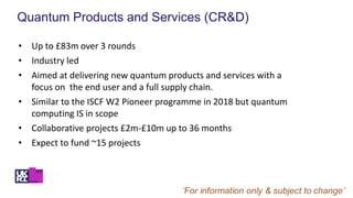 Quantum Products and Services (CR&D)
• Up to £83m over 3 rounds
• Industry led
• Aimed at delivering new quantum products and services with a
focus on the end user and a full supply chain.
• Similar to the ISCF W2 Pioneer programme in 2018 but quantum
computing IS in scope
• Collaborative projects £2m-£10m up to 36 months
• Expect to fund ~15 projects
 
