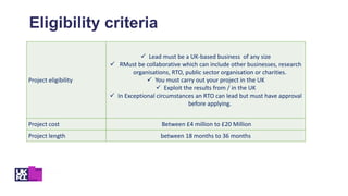Project eligibility
 Lead must be a UK-based business of any size
 RMust be collaborative which can include other businesses, research
organisations, RTO, public sector organisation or charities.
 You must carry out your project in the UK
 Exploit the results from / in the UK
 In Exceptional circumstances an RTO can lead but must have approval
before applying.
Project cost Between £4 million to £20 Million
Project length between 18 months to 36 months
Eligibility criteria
 