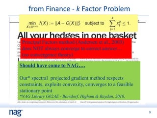 9
from Finance - k Factor Problem
Principal Factors method (Andersen et al., 2003)
does NOT always converge to correct answer…
(no convergence theory)
Should have come to NAG….
Our* spectral projected gradient method respects
constraints, exploits convexity, converges to a feasible
stationary point
*NAG Library G02AE - Borsdorf, Higham & Raydan, 2010,
 