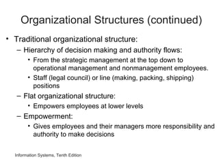 Information Systems, Tenth Edition
Organizational Structures (continued)
• Traditional organizational structure:
– Hierarchy of decision making and authority flows:
• From the strategic management at the top down to
operational management and nonmanagement employees.
• Staff (legal council) or line (making, packing, shipping)
positions
– Flat organizational structure:
• Empowers employees at lower levels
– Empowerment:
• Gives employees and their managers more responsibility and
authority to make decisions
 