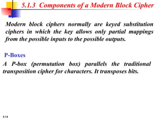 5.14
Modern block ciphers normally are keyed substitution
ciphers in which the key allows only partial mappings
from the possible inputs to the possible outputs.
5.1.3 Components of a Modern Block Cipher
A P-box (permutation box) parallels the traditional
transposition cipher for characters. It transposes bits.
P-Boxes
 