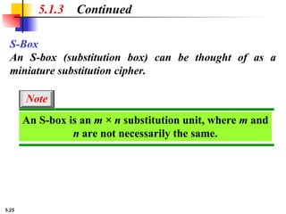 5.25
5.1.3 Continued
S-Box
An S-box (substitution box) can be thought of as a
miniature substitution cipher.
An S-box is an m × n substitution unit, where m and
n are not necessarily the same.
Note
 