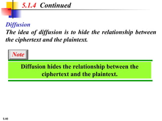 5.40
Diffusion
The idea of diffusion is to hide the relationship between
the ciphertext and the plaintext.
5.1.4 Continued
Diffusion hides the relationship between the
ciphertext and the plaintext.
Note
 