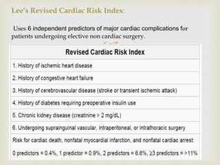 
Lee’s Revised Cardiac Risk Index:
Uses 6 independent predictors of major cardiac complications for
patients undergoing e...
