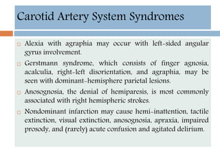  Alexia with agraphia may occur with left-sided angular
gyrus involvement.
 Gerstmann syndrome, which consists of finger agnosia,
acalculia, right-left disorientation, and agraphia, may be
seen with dominant-hemisphere parietal lesions.
 Anosognosia, the denial of hemiparesis, is most commonly
associated with right hemispheric strokes.
 Nondominant infarction may cause hemi-inattention, tactile
extinction, visual extinction, anosognosia, apraxia, impaired
prosody, and (rarely) acute confusion and agitated delirium.
Carotid Artery System Syndromes
 