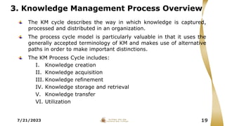 3. Knowledge Management Process Overview
The KM cycle describes the way in which knowledge is captured,
processed and distributed in an organization.
The process cycle model is particularly valuable in that it uses the
generally accepted terminology of KM and makes use of alternative
paths in order to make important distinctions.
The KM Process Cycle includes:
I. Knowledge creation
II. Knowledge acquisition
III. Knowledge refinement
IV. Knowledge storage and retrieval
V. Knowledge transfer
VI. Utilization
7/21/2023 19
 
