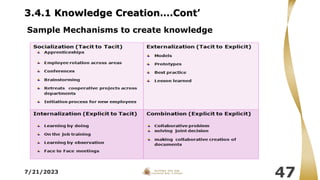 7/21/2023
47
3.4.1 Knowledge Creation….Cont’
Sample Mechanisms to create knowledge
 