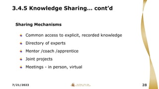 3.4.5 Knowledge Sharing… cont’d
Common access to explicit, recorded knowledge
Directory of experts
Mentor /coach /apprentice
Joint projects
Meetings - in person, virtual
7/21/2023 28
Sharing Mechanisms
 
