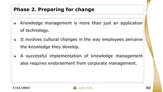 7/21/2023 40
Phase 2. Preparing for change
Knowledge management is more than just an application
of technology.
It involves cultural changes in the way employees perceive
the knowledge they develop.
A successful implementation of knowledge management
also requires endorsement from corporate management.
 