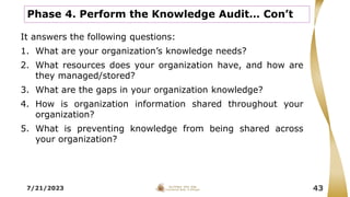 7/21/2023 43
It answers the following questions:
1. What are your organization’s knowledge needs?
2. What resources does your organization have, and how are
they managed/stored?
3. What are the gaps in your organization knowledge?
4. How is organization information shared throughout your
organization?
5. What is preventing knowledge from being shared across
your organization?
Phase 4. Perform the Knowledge Audit… Con’t
 