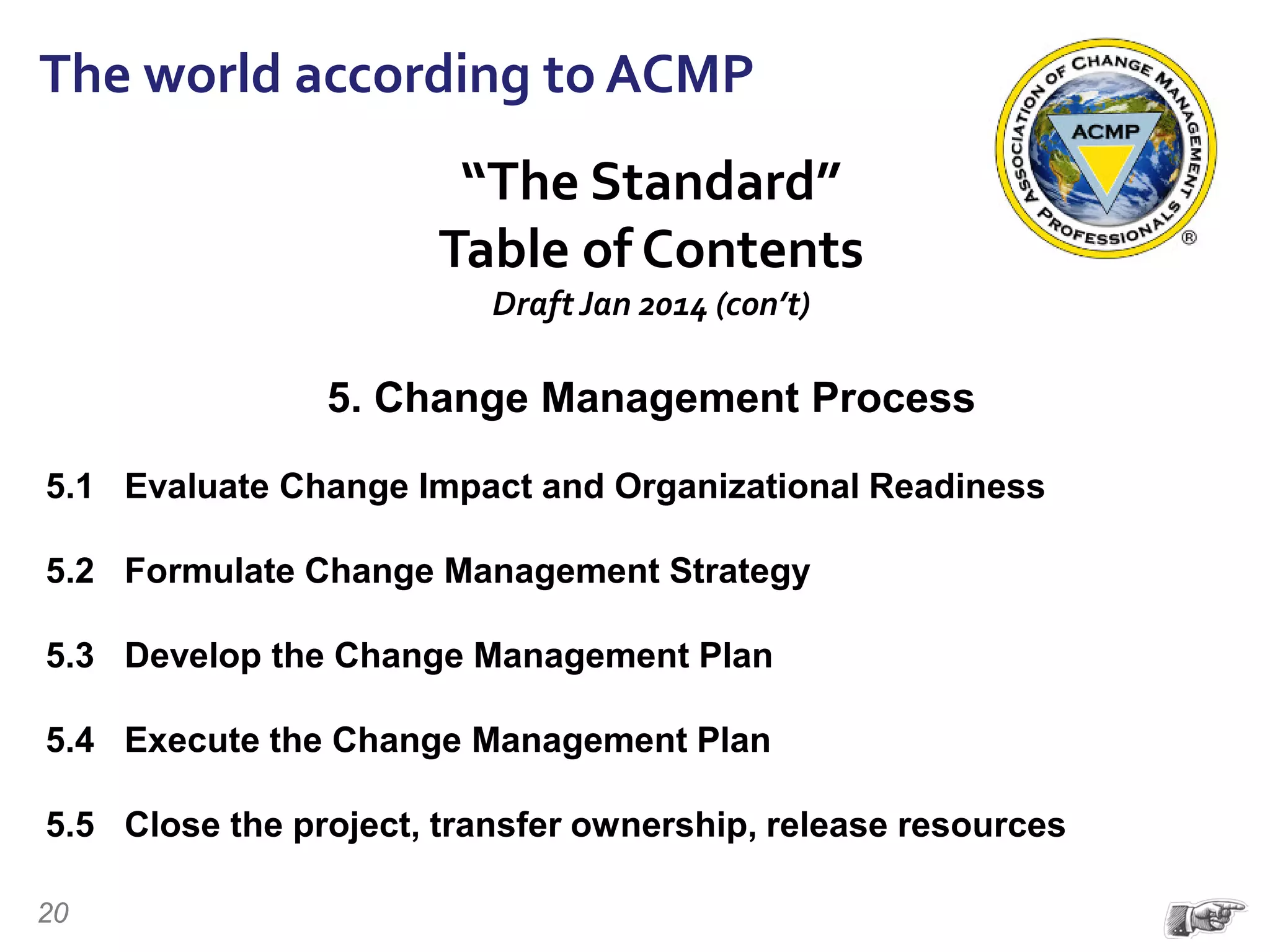 The world according to ACMP
20
“The Standard”
Table of Contents
Draft Jan 2014 (con’t)
5. Change Management Process
5.1 Evaluate Change Impact and Organizational Readiness
5.2 Formulate Change Management Strategy
5.3 Develop the Change Management Plan
5.4 Execute the Change Management Plan
5.5 Close the project, transfer ownership, release resources
 