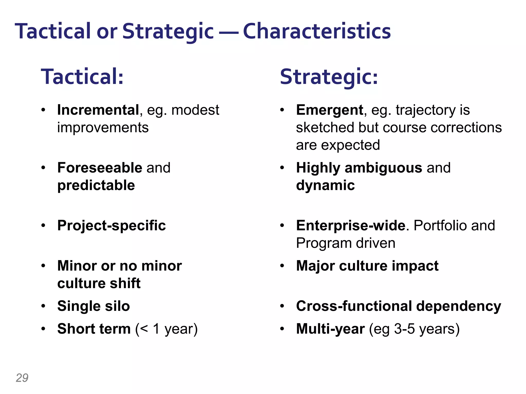 Tactical: Strategic:
• Incremental, eg. modest
improvements
• Emergent, eg. trajectory is
sketched but course corrections
are expected
• Foreseeable and
predictable
• Highly ambiguous and
dynamic
• Project-specific • Enterprise-wide. Portfolio and
Program driven
• Minor or no minor
culture shift
• Major culture impact
• Single silo • Cross-functional dependency
• Short term (< 1 year) • Multi-year (eg 3-5 years)
29
Tactical or Strategic — Characteristics
 